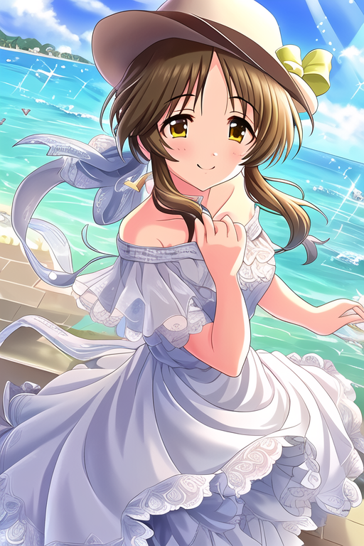 09534-669894234-Takamori Aiko, _1girl, blush, brown hair, brown eyes, dated, dress, floating hair, hat, looking at viewer, off-shoulder dress, o.png
